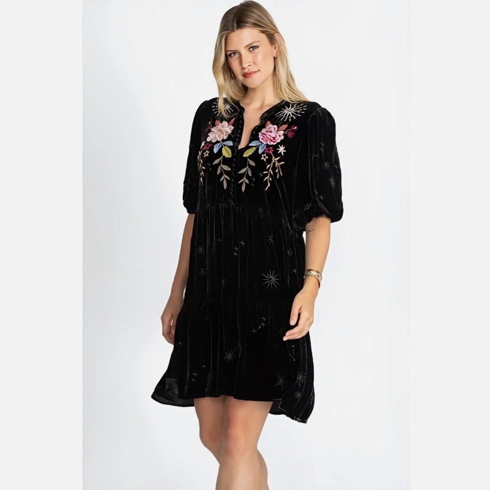Johnny Was Celestine Velvet Embroidered Floral Black Dress